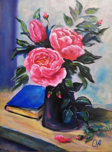 Painting titled "Bouquet de roses" by Olga Asadulaeva, Original Artwork, Oil Mounted on Wood Stretcher frame