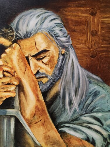 Painting titled "Le sorceleur Geralt…" by Olga Asadulaeva, Original Artwork, Oil Mounted on Wood Stretcher frame