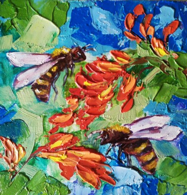 Peinture intitulée "Bees in flowers" par Olga Asadulaeva, Œuvre d'art originale, Huile