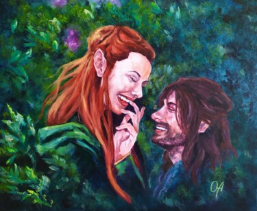 Painting titled "Kili and Tauriel" by Olga Asadulaeva, Original Artwork, Oil Mounted on Wood Stretcher frame