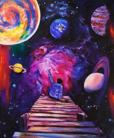 Painting titled "Space jetty" by Olga Asadulaeva, Original Artwork, Oil Mounted on Wood Stretcher frame