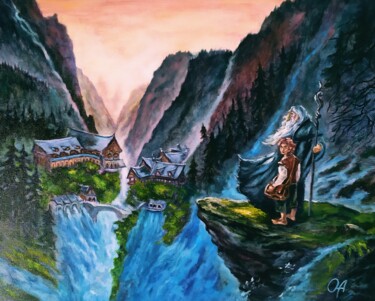 Painting titled "Bilbo and Gandalf" by Olga Asadulaeva, Original Artwork, Oil Mounted on Wood Stretcher frame