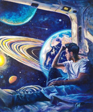 Картина под названием "Space Traveler" - Olga Asadulaeva, Подлинное произведение искусства, Масло Установлен на Деревянная р…