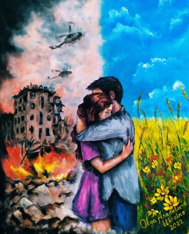 「Stand with Ukraine.…」というタイトルの絵画 Olga Asadulaevaによって, オリジナルのアートワーク, オイル ウッドストレッチャーフレームにマウント