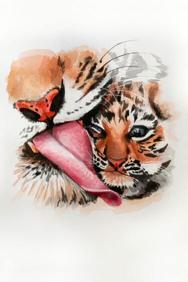 Картина под названием "My little tiger ( g…" - Olga Astri, Подлинное произведение искусства, Акварель