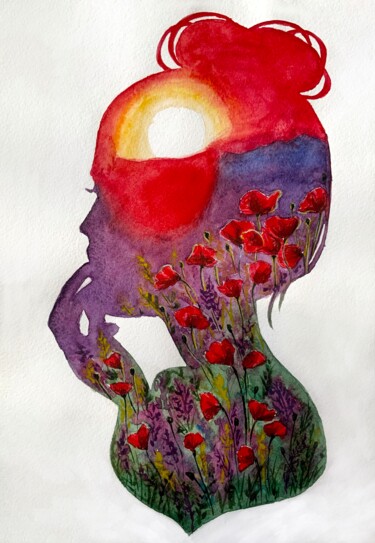 Malerei mit dem Titel "Poppies inside" von Olga Astri, Original-Kunstwerk, Aquarell