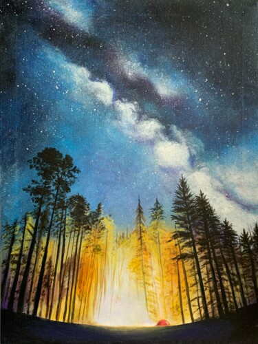 Painting titled "Night in the forest" by Olga Astri, Original Artwork, Acrylic