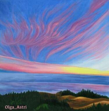Painting titled "Light Sky" by Olga Astri, Original Artwork, Oil Mounted on Wood Stretcher frame