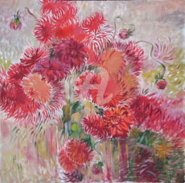 Painting titled "Red Dahlia" by Olga Bagina, Original Artwork, Oil