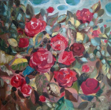 Painting titled "Happy August Roses" by Olga Bagina, Original Artwork, Oil
