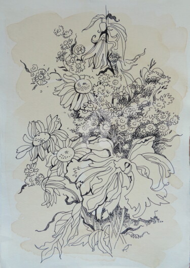 Drawing titled "Wild flowers and Pe…" by Olga Bagina, Original Artwork, Ballpoint pen