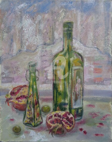 Painting titled "Pomegranate and gre…" by Olga Bagina, Original Artwork, Oil