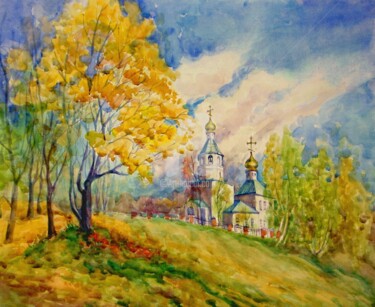 Painting titled "Landscape with Chur…" by Olga Bagina, Original Artwork, Watercolor