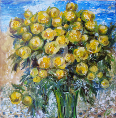 Painting titled "Globeflowers bouquet" by Olga Bagina, Original Artwork, Oil