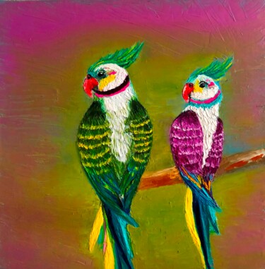 Ζωγραφική με τίτλο "Lovebirds of paradi…" από Olga Baryshnikova, Αυθεντικά έργα τέχνης, Λάδι Τοποθετήθηκε στο Ξύλινο φορείο…