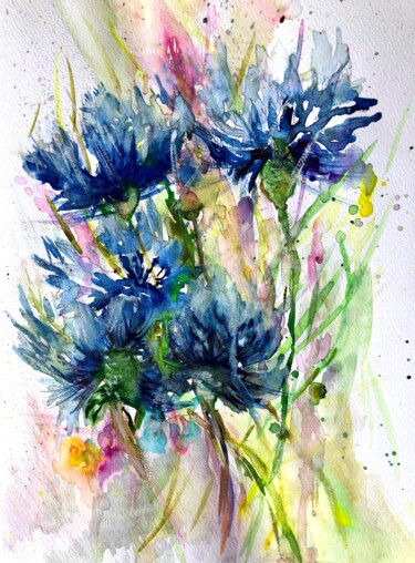 Painting titled "Cornflowers 2" by Olga Baryshnikova, Original Artwork, Watercolor