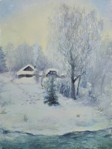 Painting titled "Морозный день" by Olga Batura, Original Artwork, Oil Mounted on Wood Stretcher frame