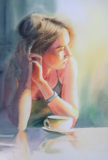 Schilderij getiteld "Café du matin Girl…" door Olga Beliaeva, Origineel Kunstwerk, Aquarel