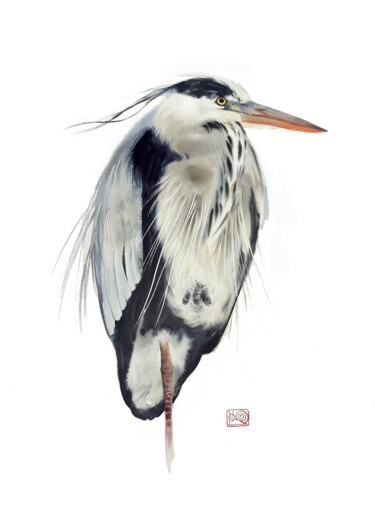 Malerei mit dem Titel "Grey heron - Great…" von Olga Beliaeva, Original-Kunstwerk, Aquarell