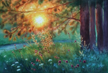 Pittura intitolato "Pine forest at suns…" da Olga Beliaeva, Opera d'arte originale, Acquarello