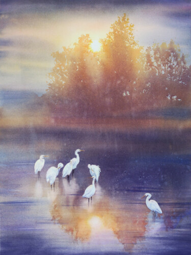 Pintura titulada "White herons - Grea…" por Olga Beliaeva, Obra de arte original, Acuarela