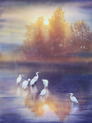 Pittura intitolato "White herons - Grea…" da Olga Beliaeva, Opera d'arte originale, Acquarello