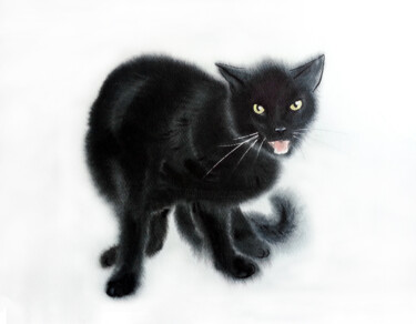 Painting titled "Hissing Black Cat" by Olga Beliaeva, Original Artwork, Watercolor