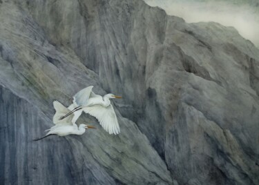 Painting titled "Great Egret Couple" by Olga Beliaeva, Original Artwork, Watercolor