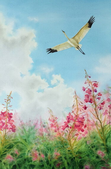 Pintura intitulada "Snow Crane -  whoop…" por Olga Beliaeva, Obras de arte originais, Aquarela