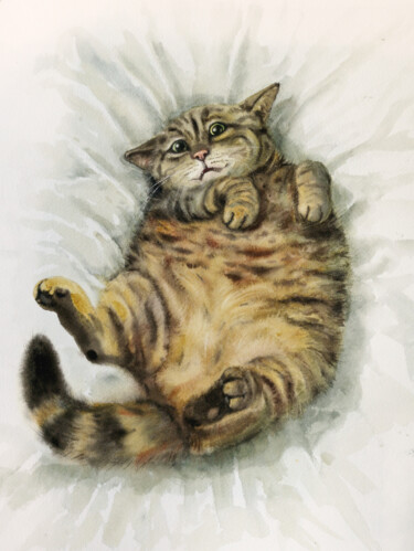Schilderij getiteld "Fat Cat -" door Olga Beliaeva, Origineel Kunstwerk, Aquarel