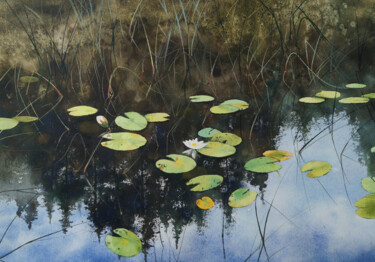Pintura intitulada "Forest lake with wa…" por Olga Beliaeva, Obras de arte originais, Aquarela