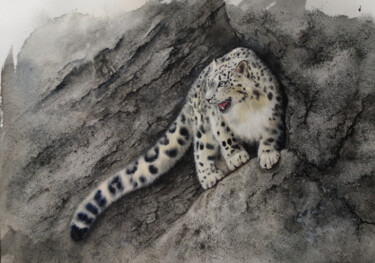 Schilderij getiteld "Snow Leopard - ounc…" door Olga Beliaeva, Origineel Kunstwerk, Aquarel