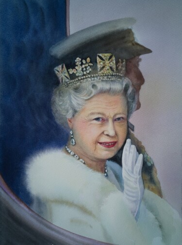 Pintura intitulada "Queen Elizabeth II…" por Olga Beliaeva, Obras de arte originais, Aquarela