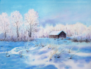 Painting titled "The Old Barn in Win…" by Olga Beliaeva, Original Artwork, Watercolor