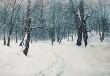 Картина под названием "Winter Snow Trees P…" - Olga Beliaeva, Подлинное произведение искусства, Акварель