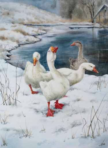 Malarstwo zatytułowany „Gaggle of Geese  in…” autorstwa Olga Beliaeva, Oryginalna praca, Akwarela