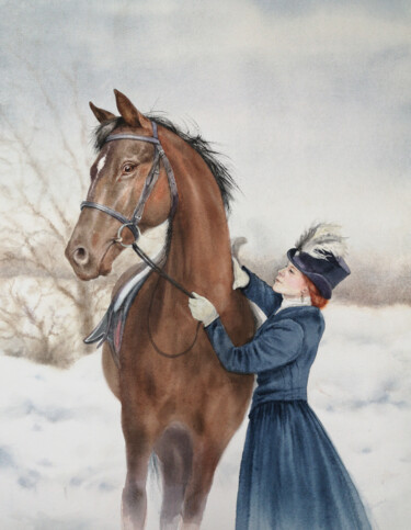 Pintura titulada "Beautiful Horsewoma…" por Olga Beliaeva, Obra de arte original, Acuarela