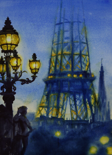 Painting titled "Eiffel Tower - Nigh…" by Olga Beliaeva, Original Artwork, Watercolor