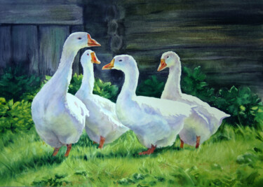 Pintura titulada "White Geese waterco…" por Olga Beliaeva, Obra de arte original, Acuarela