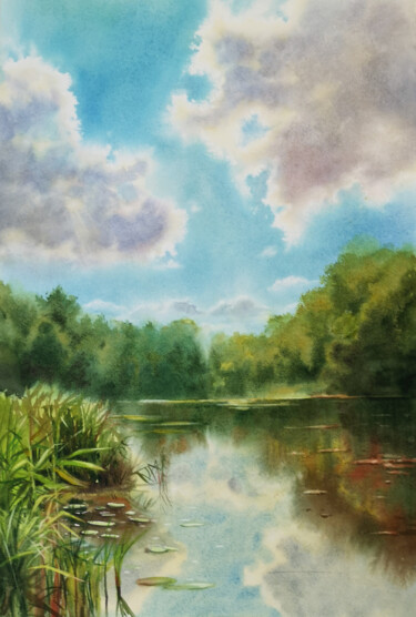 Schilderij getiteld "Forest Pond at Summ…" door Olga Beliaeva, Origineel Kunstwerk, Aquarel