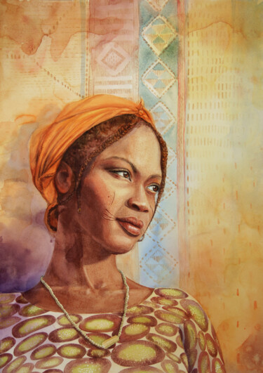 Malerei mit dem Titel "Fulani girl Nigeria" von Olga Beliaeva, Original-Kunstwerk, Aquarell