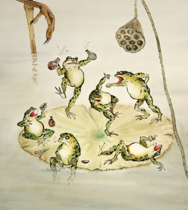 Painting titled "Six Drunken Frogs w…" by Olga Beliaeva, Original Artwork, Watercolor