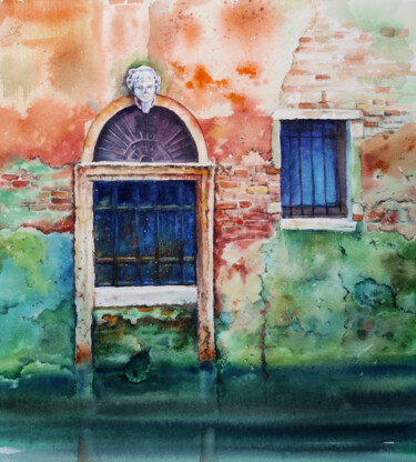 Painting titled "Blue Door on the Ca…" by Olga Beliaeva, Original Artwork, Watercolor