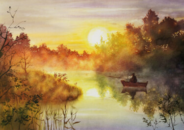 Malerei mit dem Titel "Foggy Serenity - Mi…" von Olga Beliaeva, Original-Kunstwerk, Aquarell