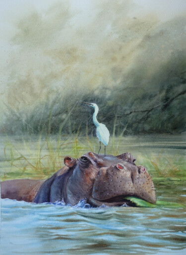 Painting titled "Hippo & Egret - Hip…" by Olga Beliaeva, Original Artwork, Watercolor