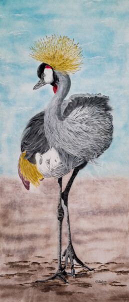 Pintura intitulada "Crowned Crane" por Olga Belova, Obras de arte originais, Pigmentos