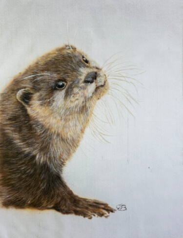 Painting titled "Otter portrait - Si…" by Olga Belova, Original Artwork, Fabric