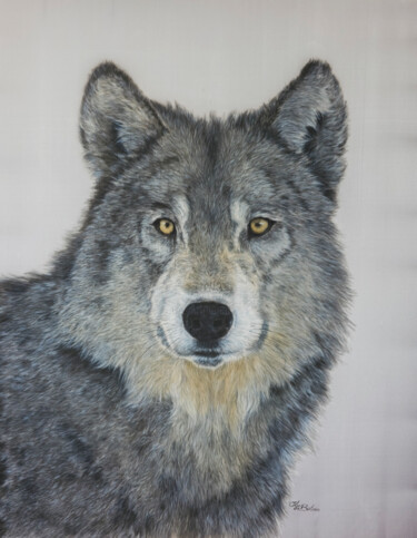 Painting titled "Wolf- silk painted…" by Olga Belova, Original Artwork, Pigments