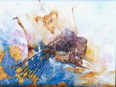 Peinture intitulée ""Barco da Guerra de…" par Olga Beltrão, Œuvre d'art originale, Huile