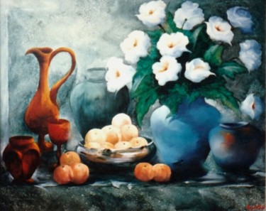 Painting titled ""Sobre a Mesa, Pêss…" by Olga Beltrão, Original Artwork, Oil